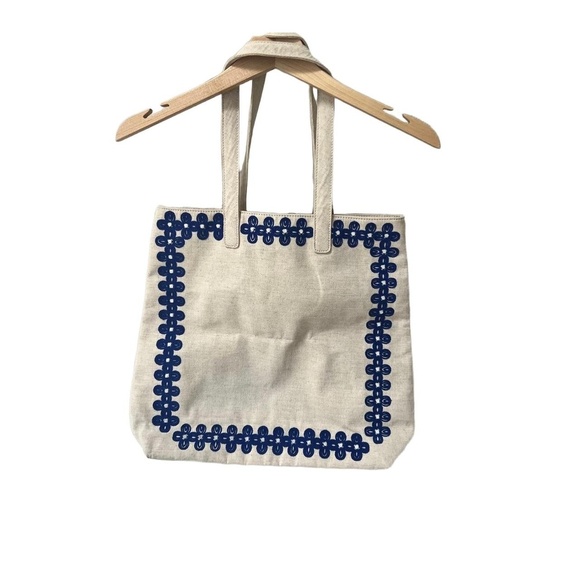 Vineyards Vines Embroidered Floral Captain Tote bag Natural Beige Blue Boho - Picture 5 of 12